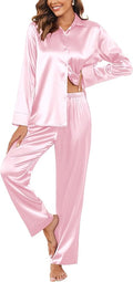 Ekouaer Women Satin Silk Pajamas Classic Long Sleeve Button Down Pjs Set Soft Loungewear