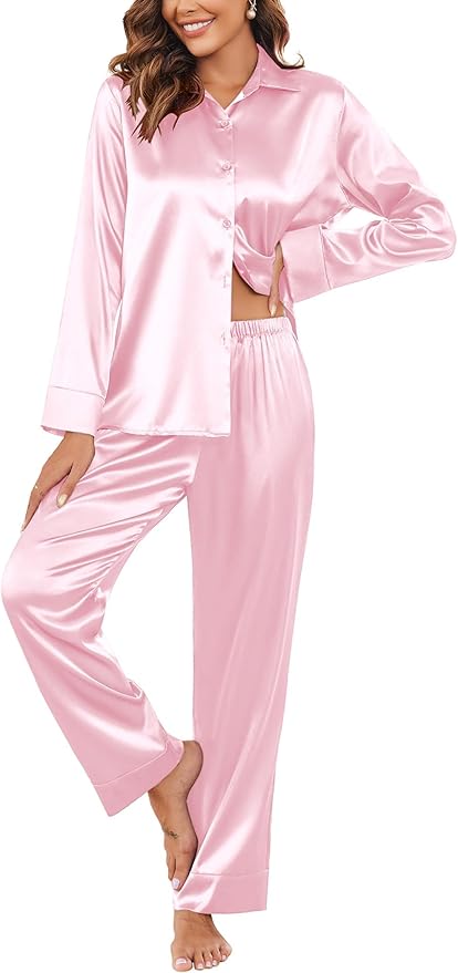 Ekouaer Women Satin Silk Pajamas Classic Long Sleeve Button Down Pjs Set Soft Loungewear
