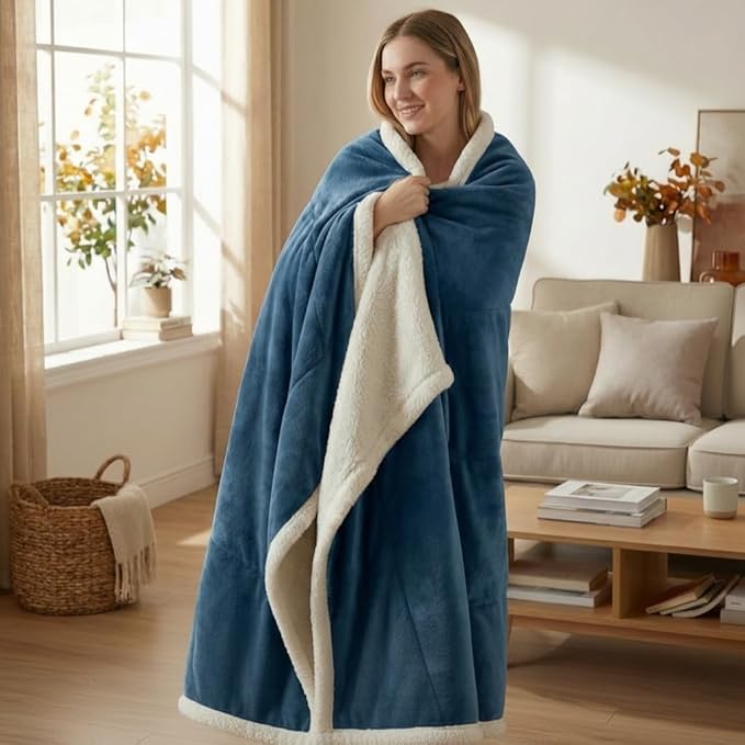 Sherpa Double-Sided Blankets, Plush & Cuddly Throw, Extra-Plush Thermal Fleece Blanket for Sofa/Couch/Bedding, Super Soft Living Room Blanket with Anti-Pilling (Blue, 60×80)