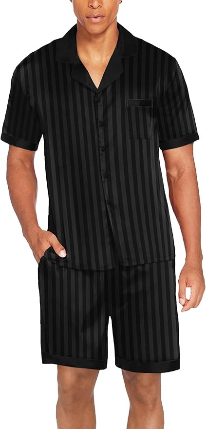 Ekouaer Men Satin Silk Pajamas Set with Pockets Sleepwear Shorts Satin Summer Loungewear 2 Piece Button Down Set S-3XL