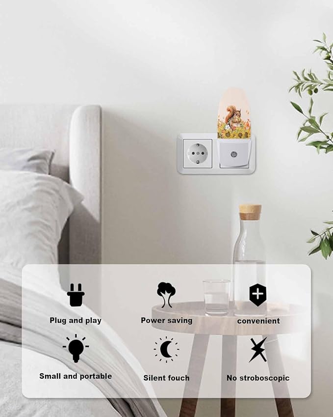 Night Light Plug into Wall, Thanksgiving Day Fall Squirrel Sunflowers Botanical Leaves Berries Peach Popsicle Shape Night Light LED Nightlight with Light Sensors for Kids Bedroom Hallway