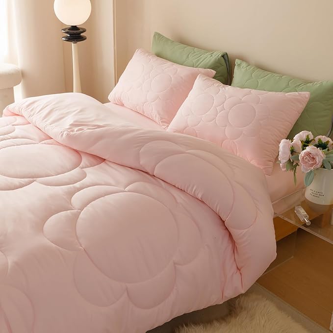 CLOTHKNOW Pink Queen Comforter Set 3Pcs Daisy Puff Bedding Comforter Sets Soft Floral Queen Comforter Pink Comforter with 2 x Pillow Cases