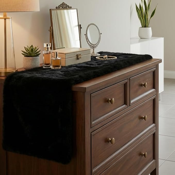 duduta Black Faux Fur Dresser Runner, Soft Fluffy Coffee Table Runner Nightstand Cover Winter Holiday Decor 11.8 in x 31.5 in