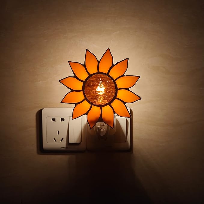 CHEZBABY Stained Glass Night Light Plug into Wall Lamp Decorative Accent Nightlight for Hallway Bedroom Bathroom Kitchen Home Décor(Sunflower)