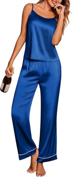 Ekouaer Women Silk Satin Pajamas Sleeveless Pjs Set 2 Piece Summer Loungewear Sleepwear with Pockets S-XXL