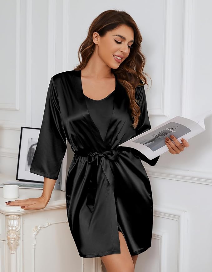 SAPJON Silk Pajamas for Women 5Pcs Sleepwear Loungewear Satin Robe Cami Shorts Pj Set