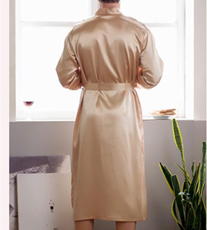 Men's Satin Robe Silky Bathrobe Soft Comfy Casual Bathrobe Fashion Comfy Solid Color Long Loungewear with Pocket