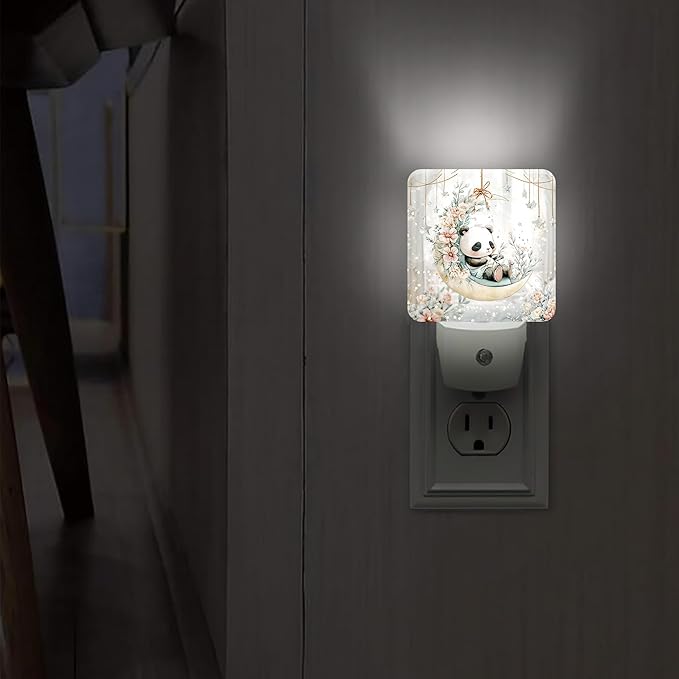 Panda Night Lights Plug Into Wall, Cute Fanciful Moon Flowers Spring Pastel Peach Smart Outlet Plug in Led Night Light Lamp for Guest Room Basement Office Decor 1pcs