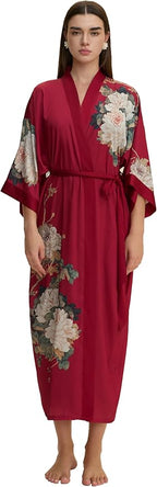 Kihnop Women's Floral Long Kimono Robe Long Satin Robe Long Silk Robe Ladies Kimonos Silky Bathrobe Cover Up, One Size