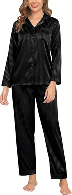 SWOMOG Womens Silk Satin Pajamas Set Long Sleeve Button Down Sleepwear 2 Piece Lounge Set Pj Set XS-3XL