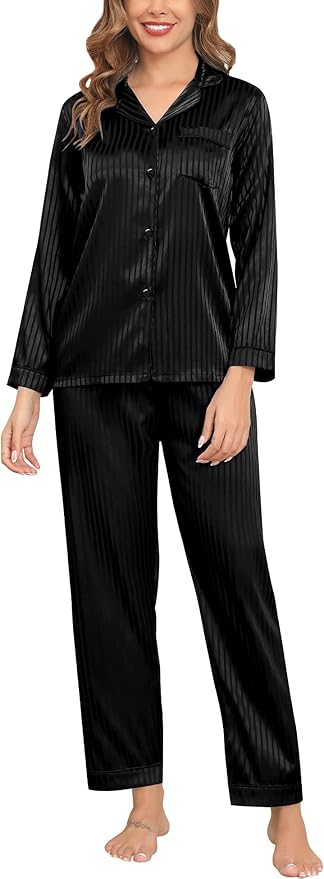 SWOMOG Womens Silk Satin Pajamas Set Long Sleeve Button Down Sleepwear 2 Piece Lounge Set Pj Set XS-3XL