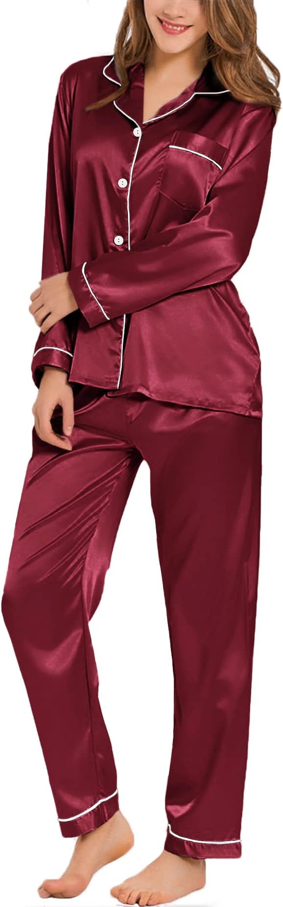 SWOMOG Womens Silk Satin Pajamas Set Long Sleeve Button Down Sleepwear 2 Piece Lounge Set Pj Set XS-3XL