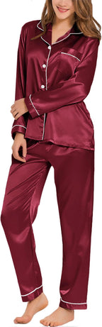 SWOMOG Womens Silk Satin Pajamas Set Long Sleeve Button Down Sleepwear 2 Piece Lounge Set Pj Set XS-3XL