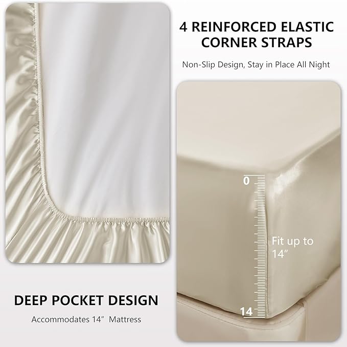 CozyLux Satin Sheets Full Size Sheets - 4 Piece Silky Full Size Bed Sheets, Luxury Beige Full Bed Set with Smooth and Soft Microfiber, Includes 1 Fitted Sheet, 1 Flat Sheet and 2 Pillowcases