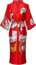 Valennia Women Long Silky Bathrobe Satin Kimono Robe Floral Printed Dressing Gown Sleepwear