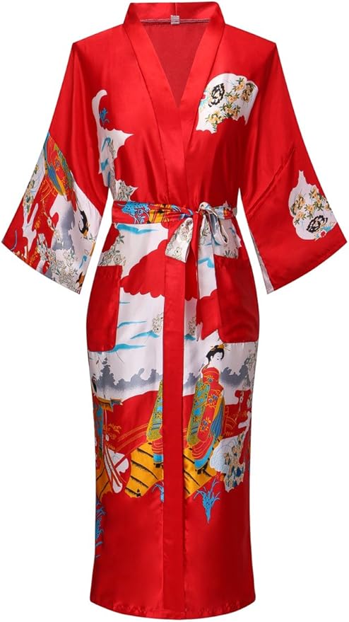 Valennia Women Long Silky Bathrobe Satin Kimono Robe Floral Printed Dressing Gown Sleepwear