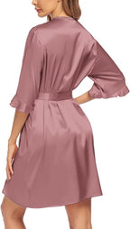 Ekouaer Women's Satin Robe Valentines Lingerie for Women Kimono Bathrobe Short Ruffle Belted Robes Bridesmaids Sleepwear