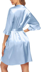Ekouaer Women's Satin Robe Valentines Lingerie for Women Kimono Bathrobe Short Ruffle Belted Robes Bridesmaids Sleepwear