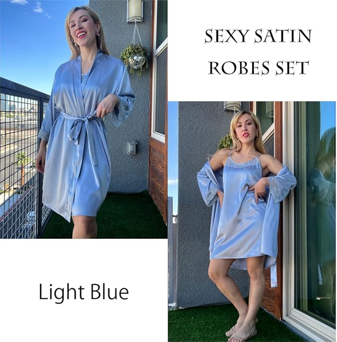 Ekouaer Sleepwear Women's Satin Nightgown with Robes Set 2 Piece Sexy Lace Cami Nightwear