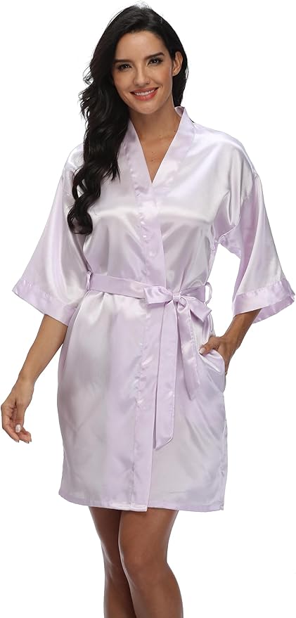 Women's Satin Kimono Robe Wedding Getting Ready Silky Bathrobe Short Bridesmaid Dressing Gown