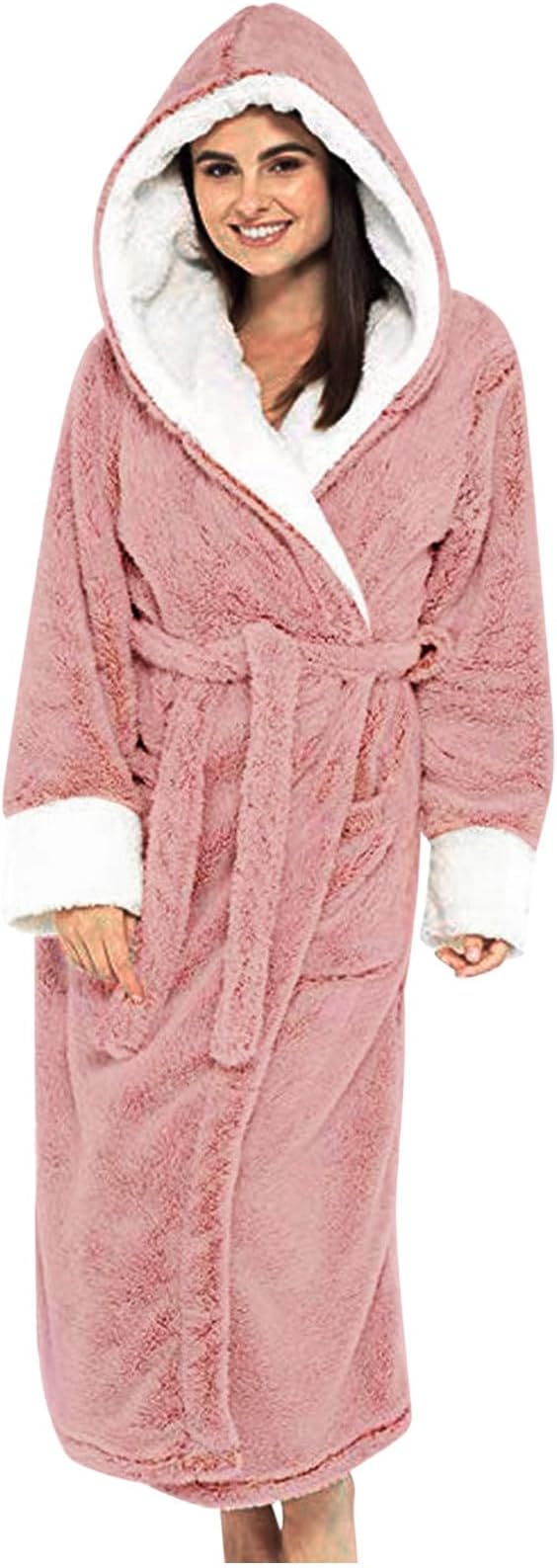 Fuzzy Plush Bathrobe Women Fashion Hooded Thicken Fleece Lined Warm Comfy Long Robe Flannel Loungewear