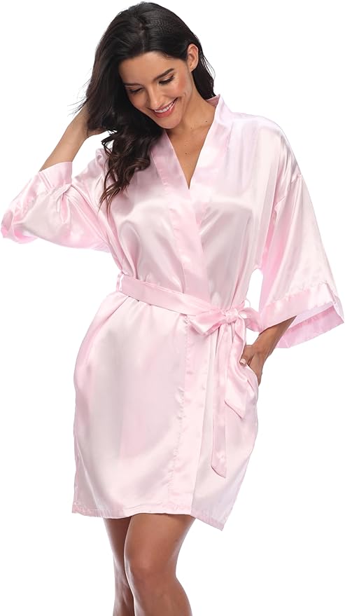 Women's Satin Kimono Robe Wedding Getting Ready Silky Bathrobe Short Bridesmaid Dressing Gown