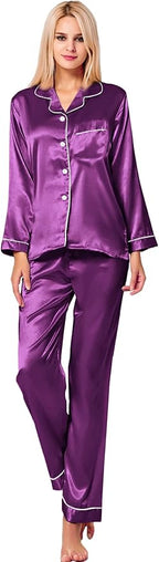 SWOMOG Womens Silk Satin Pajamas Set Long Sleeve Button Down Sleepwear 2 Piece Lounge Set Pj Set XS-3XL