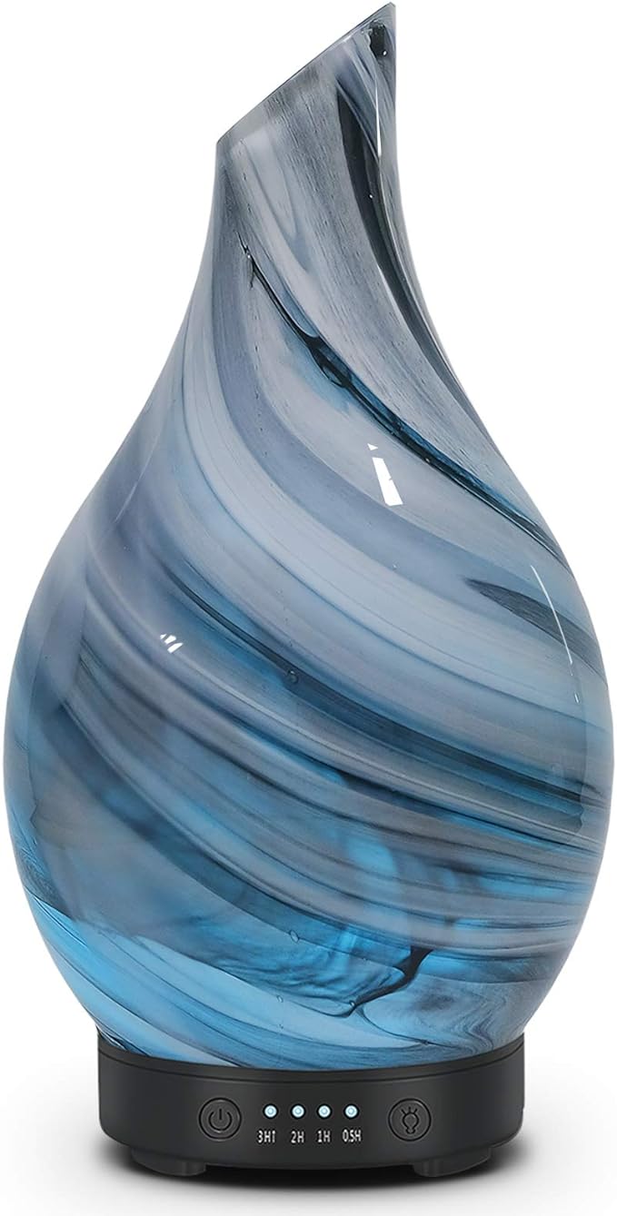 Essential Oil Diffuser Aromatherapy Diffuser - Art Glass Oil Diffuser with Auto Shut-Off Protection 4 Timer Setting 7 Colors Changed LED Night Light for Home Office Decor Gift (Grey Wave)