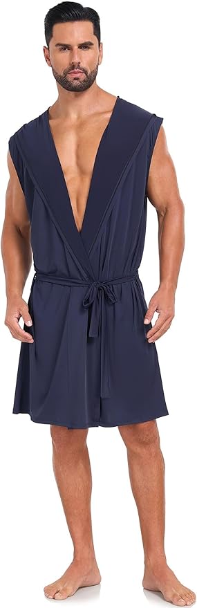 VintageClothing Men's Summer Robe with Hooded Lightweight Bathrobe House Kimono Sleeveless Sexy Sleepwear Pajamas
