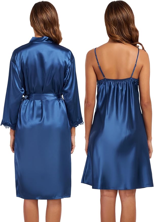 BestWendding Women's Silk Robe Set 2 Pieces Pajamas Sets Sexy Soft Satin Robe with V Neck Camisole Lingerie Nightgown