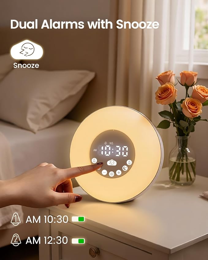 Glocusent 2×5W Stereo Sunrise Alarm Clock, Sleep Aid with Timer, 14 White Noise Tracks, 8 Color Night Light, 10-Level Dimming, Bluetooth Speaker/FM/TF, Dual Alarms with Snooze, Gift for Adults & Kids