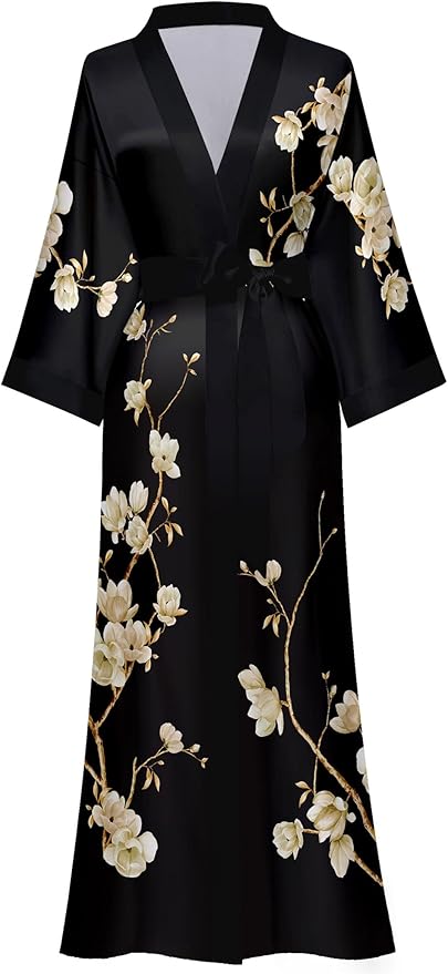 Kihnop Women's Floral Long Kimono Robe Long Satin Robe Long Silk Robe Ladies Kimonos Silky Bathrobe Cover Up, One Size