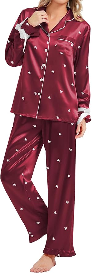SWOMOG Womens Silk Satin Pajamas Set Long Sleeve Button Down Sleepwear 2 Piece Lounge Set Pj Set XS-3XL