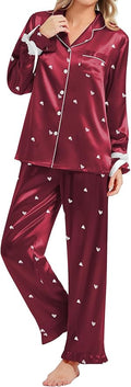 SWOMOG Womens Silk Satin Pajamas Set Long Sleeve Button Down Sleepwear 2 Piece Lounge Set Pj Set XS-3XL