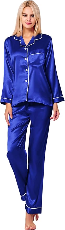 SWOMOG Womens Silk Satin Pajamas Set Long Sleeve Button Down Sleepwear 2 Piece Lounge Set Pj Set XS-3XL