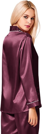 SWOMOG Womens Silk Satin Pajamas Set Long Sleeve Button Down Sleepwear 2 Piece Lounge Set Pj Set XS-3XL