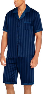 Ekouaer Men Satin Silk Pajamas Set with Pockets Sleepwear Shorts Satin Summer Loungewear 2 Piece Button Down Set S-3XL