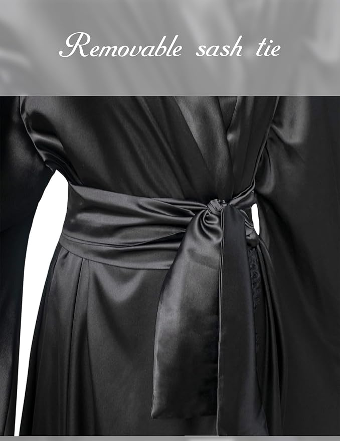 BATHGOWN Women's Satin Robe Black Silk Kimono Bride Robe for Wedding Day Lightweight Long Lace Loungewear Sleepwear