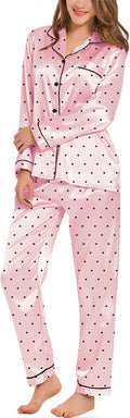 SWOMOG Womens Silk Satin Pajamas Set Long Sleeve Button Down Sleepwear 2 Piece Lounge Set Pj Set XS-3XL