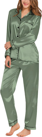 SWOMOG Womens Silk Satin Pajamas Set Long Sleeve Button Down Sleepwear 2 Piece Lounge Set Pj Set XS-3XL