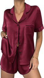 Ekouaer Womens Silk Satin Pajama Sets 2 Piece Button Down Silk Pjs Shorts Sets Cute Print Short Sleeve Sleepwear S-4XL
