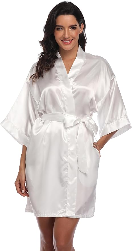 Women's Satin Kimono Robe Wedding Getting Ready Silky Bathrobe Short Bridesmaid Dressing Gown