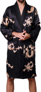 Mens Satin Robe,Silk Long Sleeve House Kimono Bathrobe,Soft Loungewear Dragon Robe