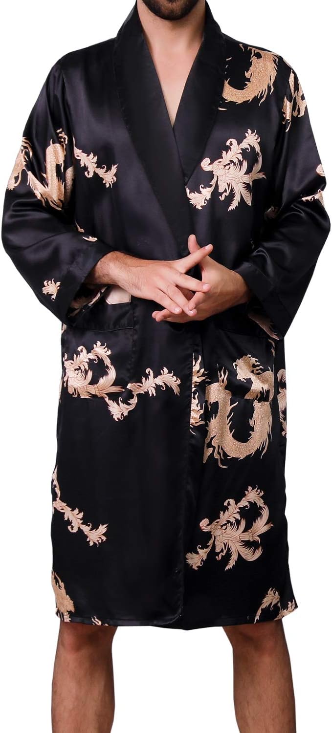 Mens Satin Robe,Silk Long Sleeve House Kimono Bathrobe,Soft Loungewear Dragon Robe