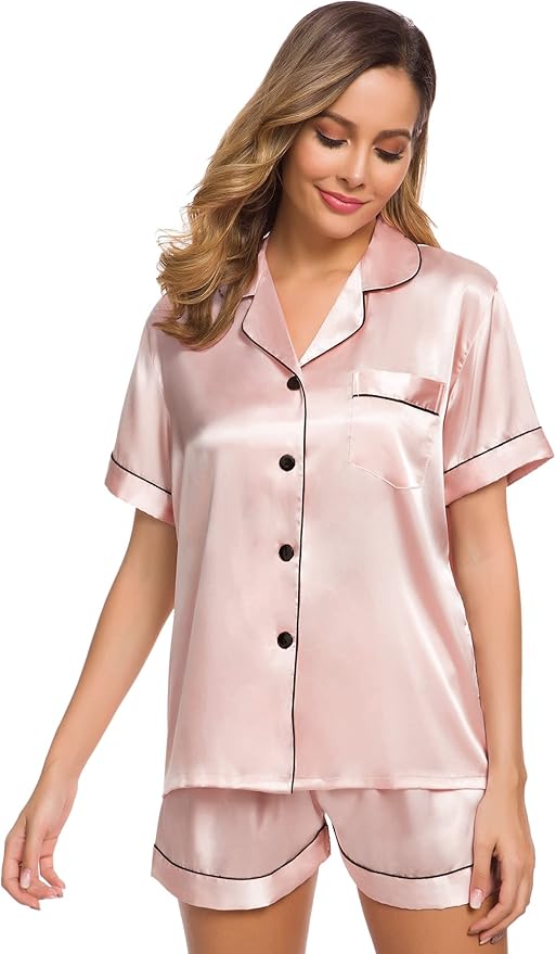 SWOMOG Womens Silk Satin Pajamas Set Short Sleeve Sleepwear Button Down Top and Shorts Loungewear 2 Piece Pjs Set XS-3XL