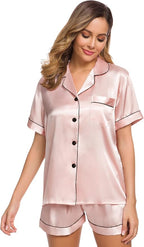 SWOMOG Womens Silk Satin Pajamas Set Short Sleeve Sleepwear Button Down Top and Shorts Loungewear 2 Piece Pjs Set XS-3XL