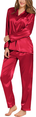 SWOMOG Long Sleeve Pajamas Set Silk Satin Sleepwear Button Down Pjs Loungewear with Pocket