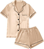 LYANER Women's Silky Satin Pajamas Set Short Sleeve Button Down Shirt With Shorts Pjs Set Sleepwear