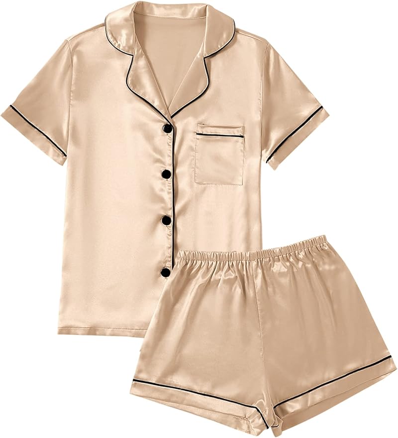 LYANER Women's Silky Satin Pajamas Set Short Sleeve Button Down Shirt With Shorts Pjs Set Sleepwear