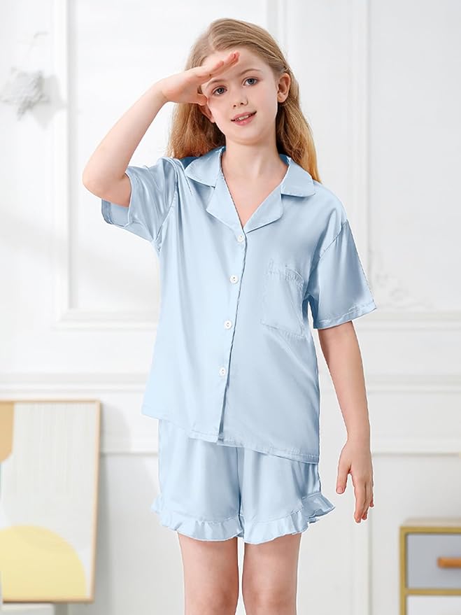 Umeyda Girls & Women Satin Pajamas Set Button Down 2 Piece Silk Pjs Shorts Set Ruffle Sleepwear, 5 Years-Women L